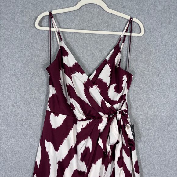 Express Dress Medium Burgundy Midi Satin Wrap Ikat Hi Lo Resort Cruise NEW $98 - Picture 2 of 13
